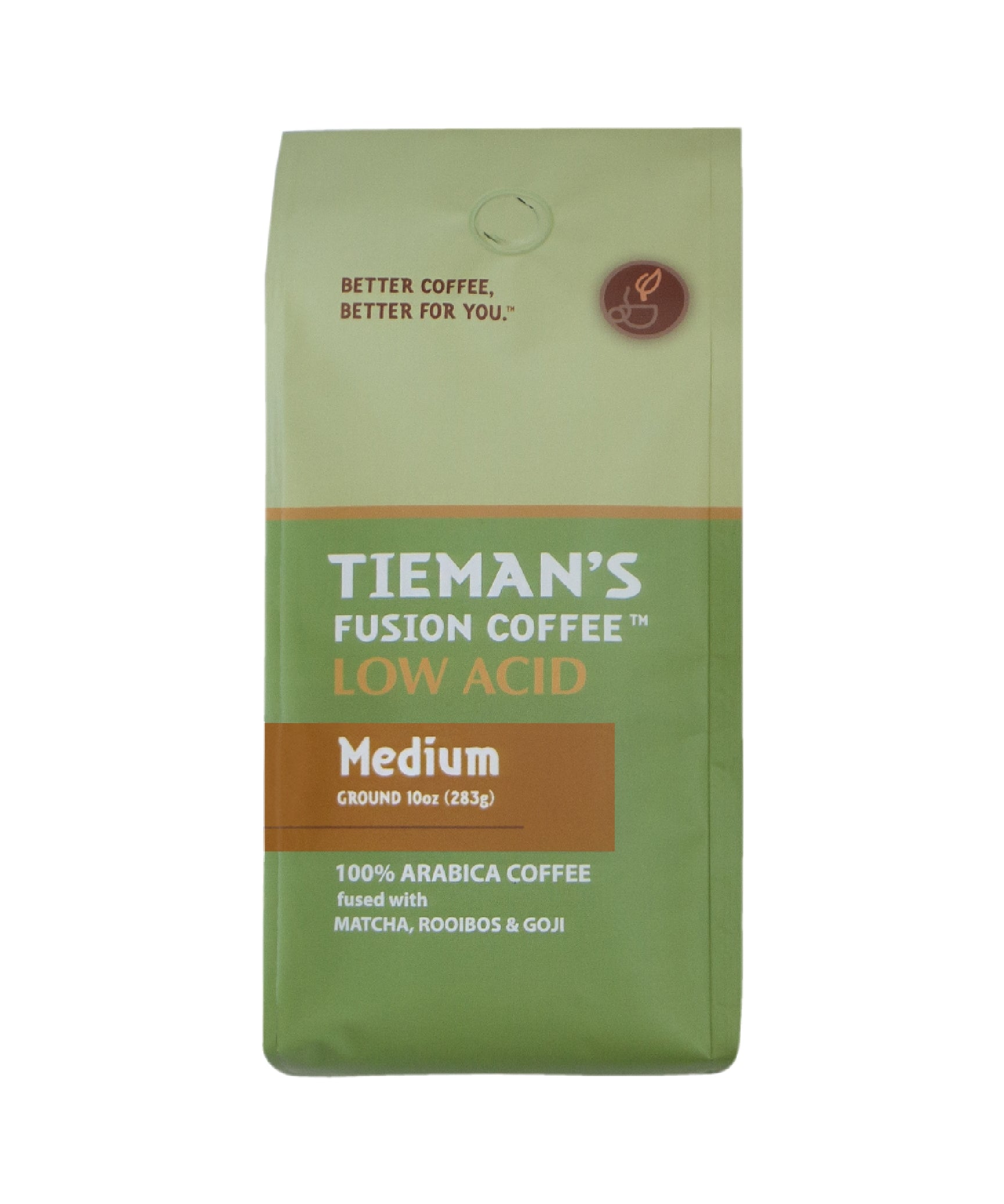 Tieman's Medium Fusion Ground Coffee 10oz Bag – Low Acid, Antioxidant-Rich, Fused with Matcha, Rooibos & Goji