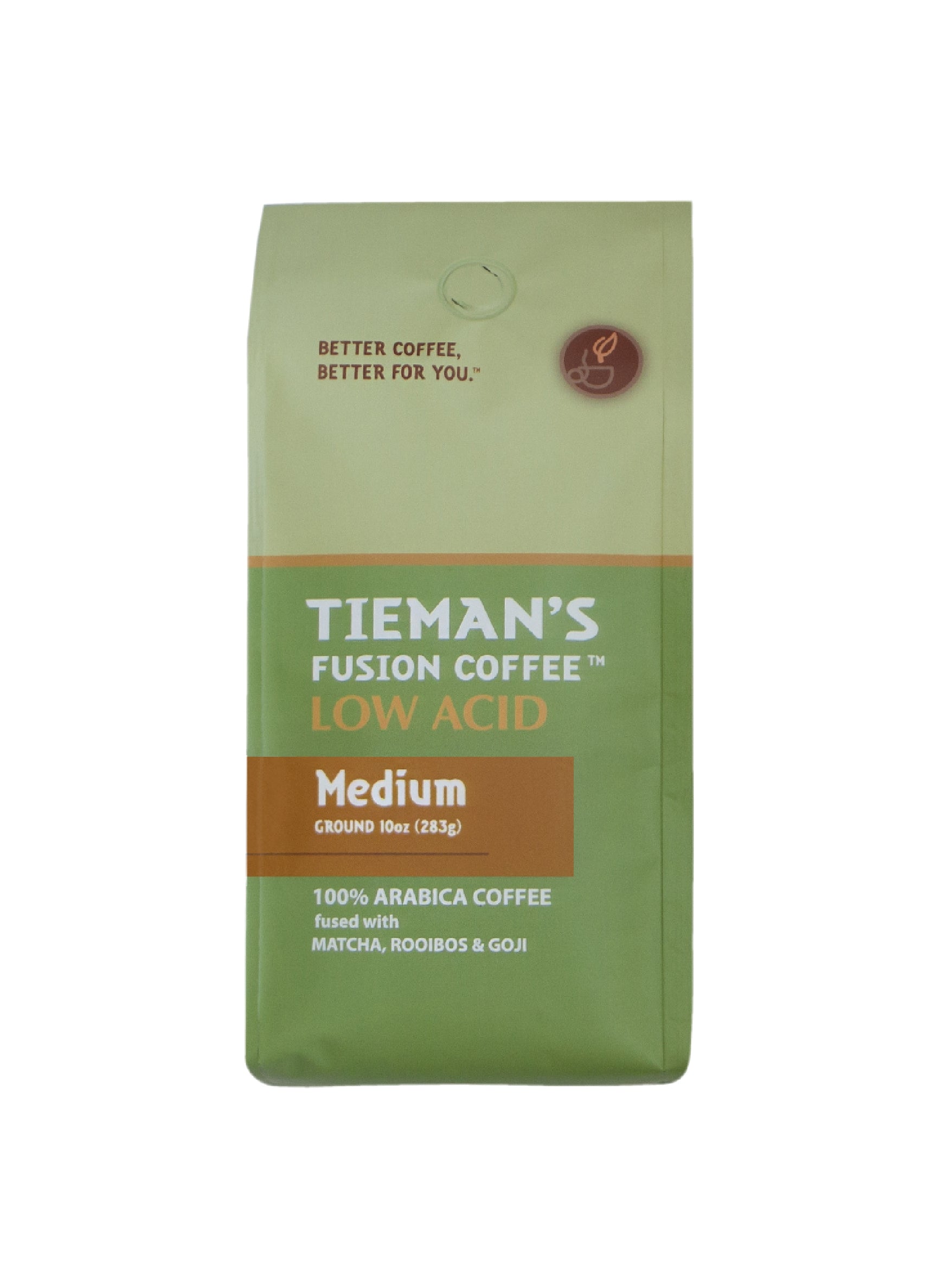 Tieman's Medium Fusion Ground Coffee 10oz Bag – Low Acid, Antioxidant-Rich, Fused with Matcha, Rooibos & Goji