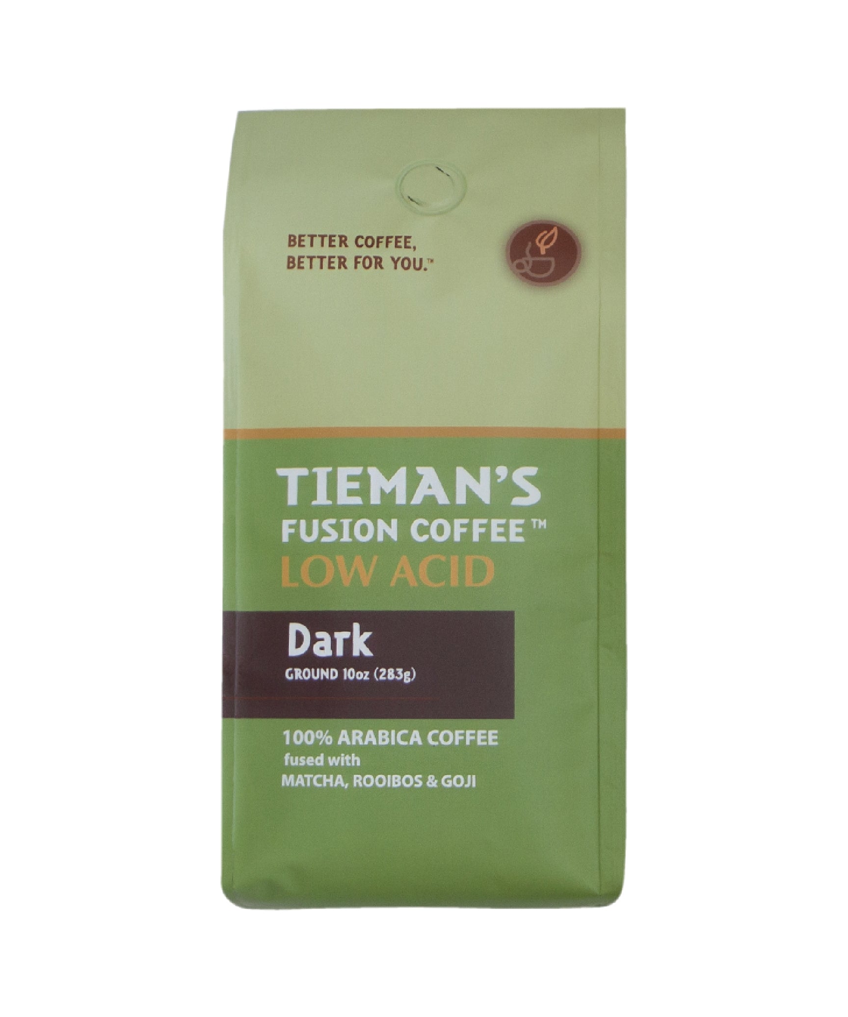 Tieman's Dark Fusion Ground Coffee 10oz – French Roast with Matcha, Rooibos & Goji, Low Acid