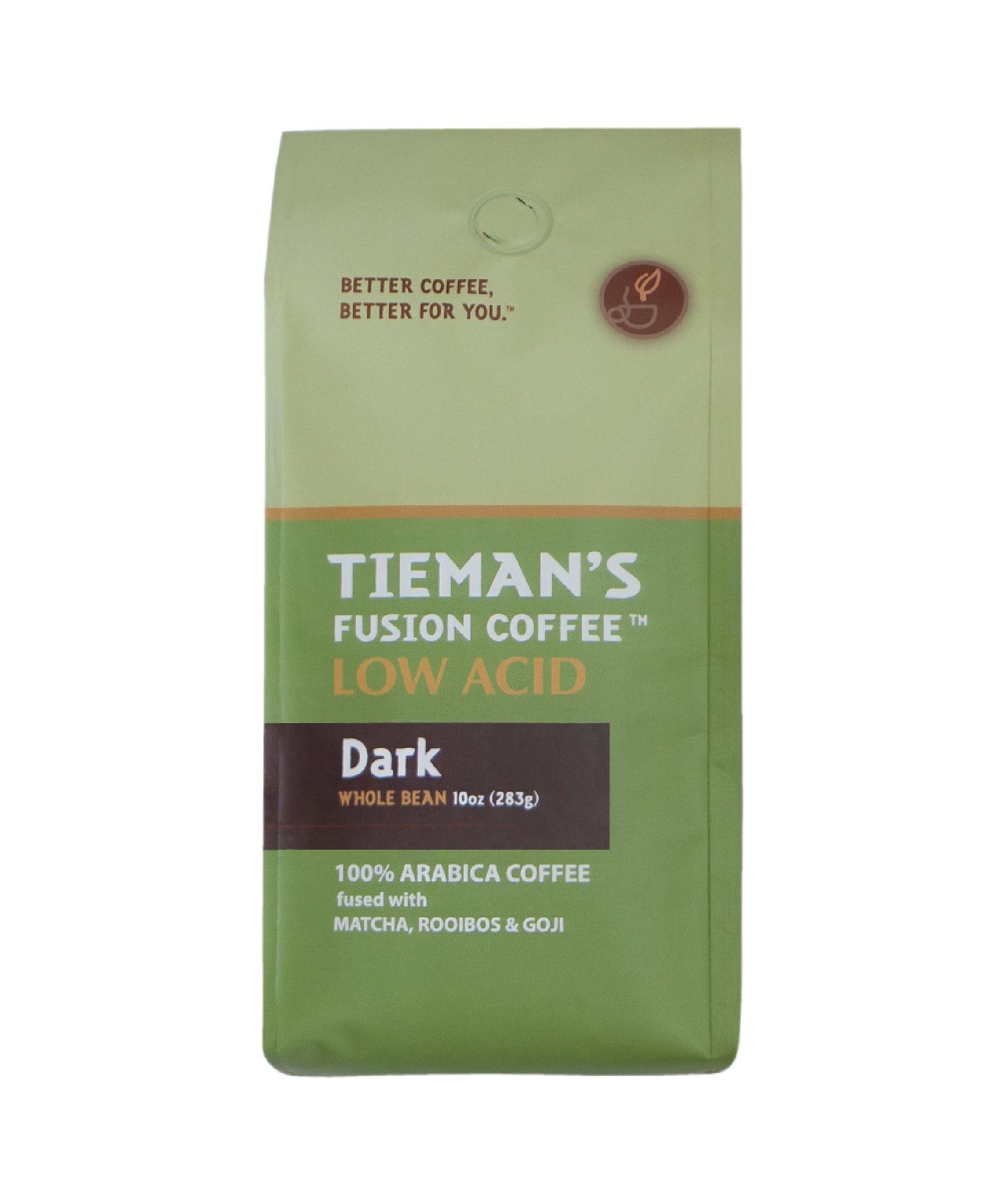 Tieman's Dark Fusion Whole Bean Coffee 10oz – French Roast with Matcha, Rooibos & Goji, Low Acid