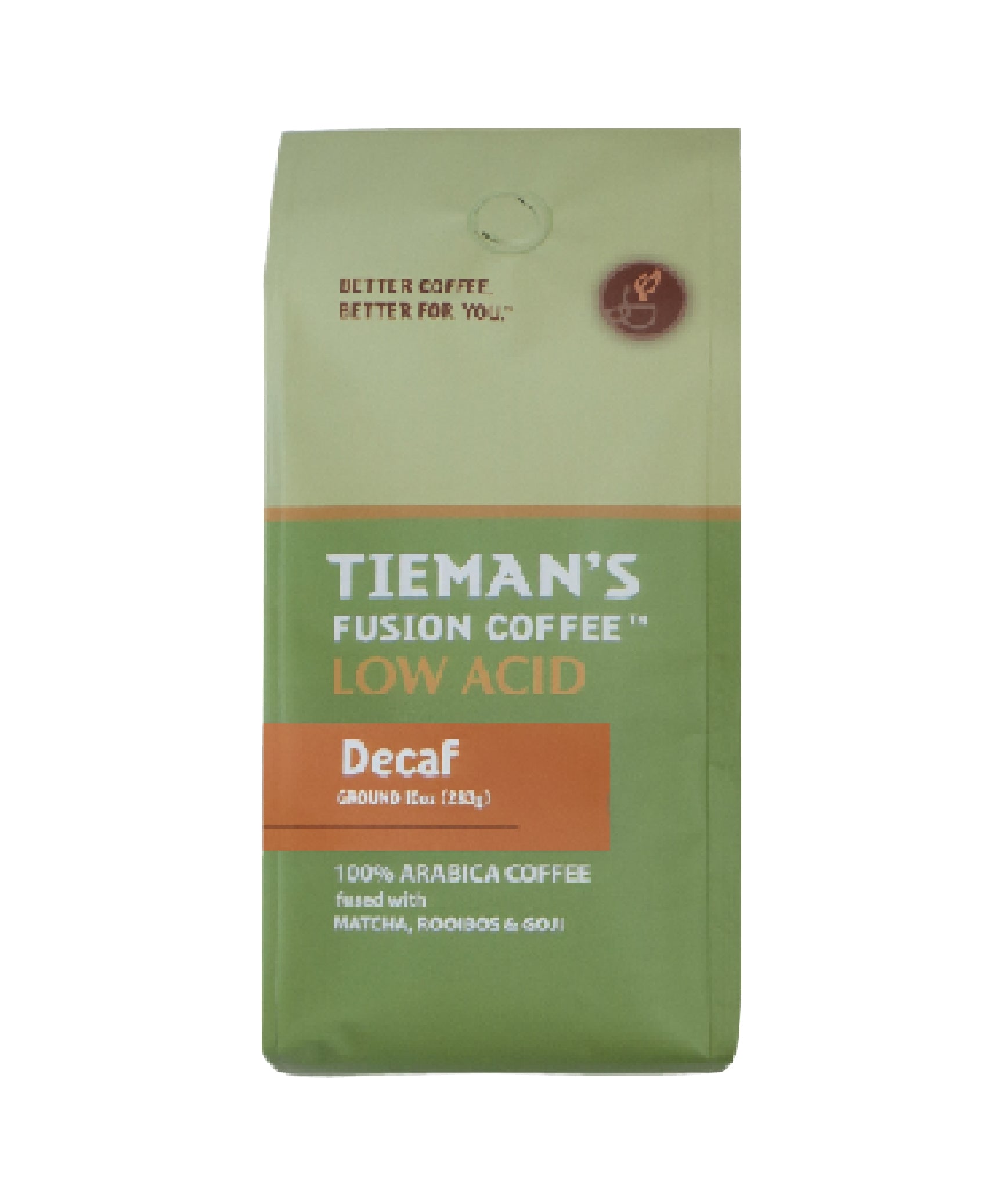 Tieman's Semi-Dark Decaf Ground Coffee 10oz – Water-Processed, Low Acid, with Matcha, Rooibos & Goji