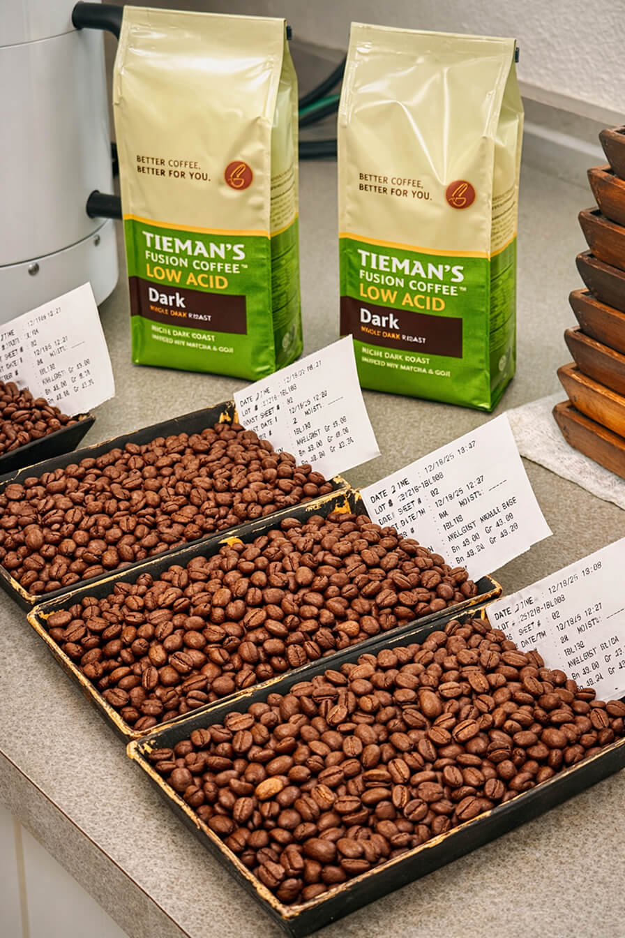 Tieman's Fusion Coffee bags and freshly roasted beans, low acid coffee blended with matcha, rooibos, and goji