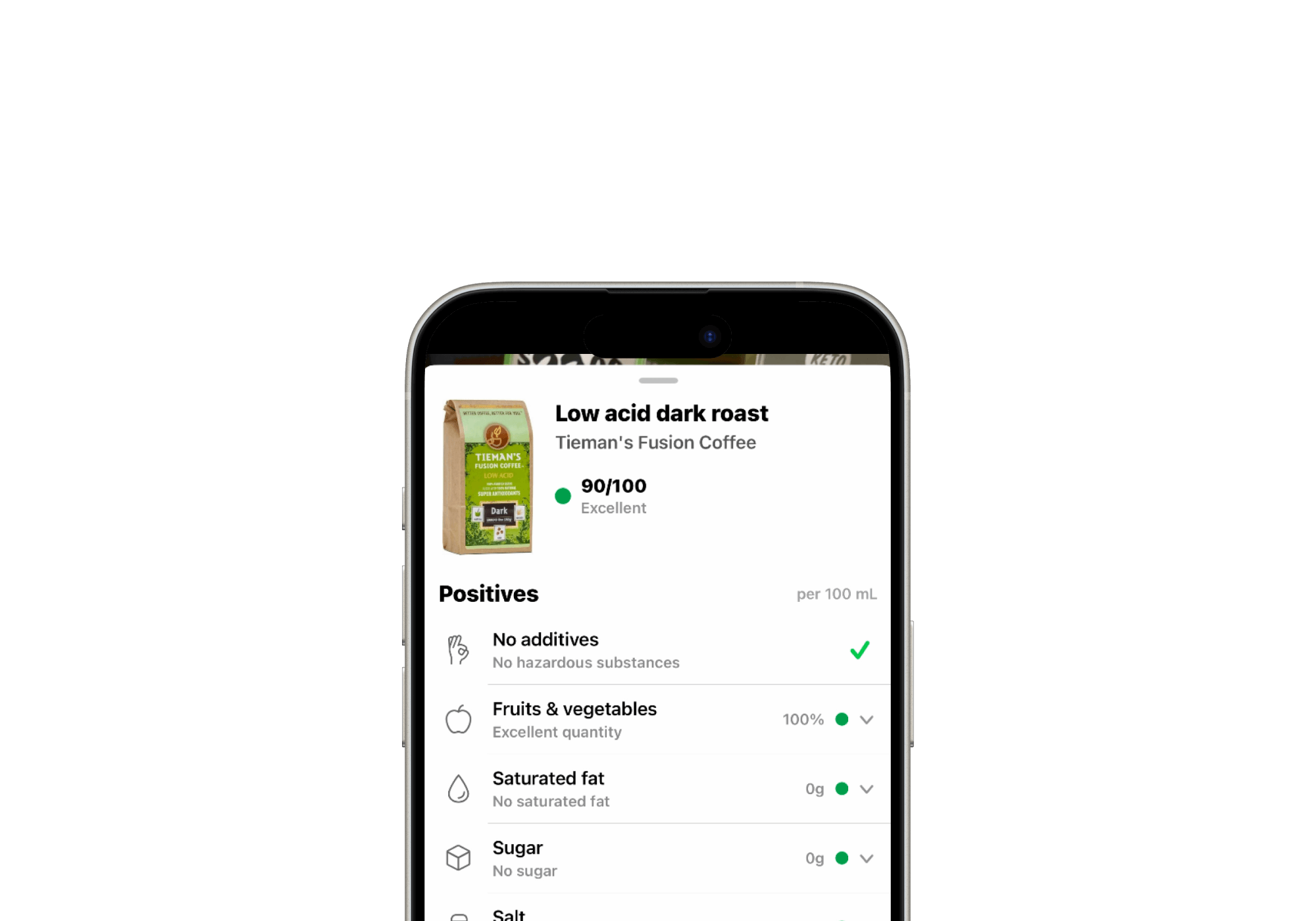 Third-party lab testing results for Tieman's Fusion Coffee, a low acid performance coffee with no additives
